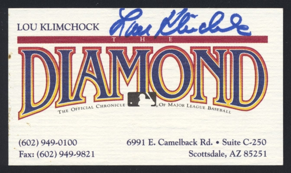 LOU KLIMCHOCK SIGNED Business Card Athletics Braves Athletics Braves Indians