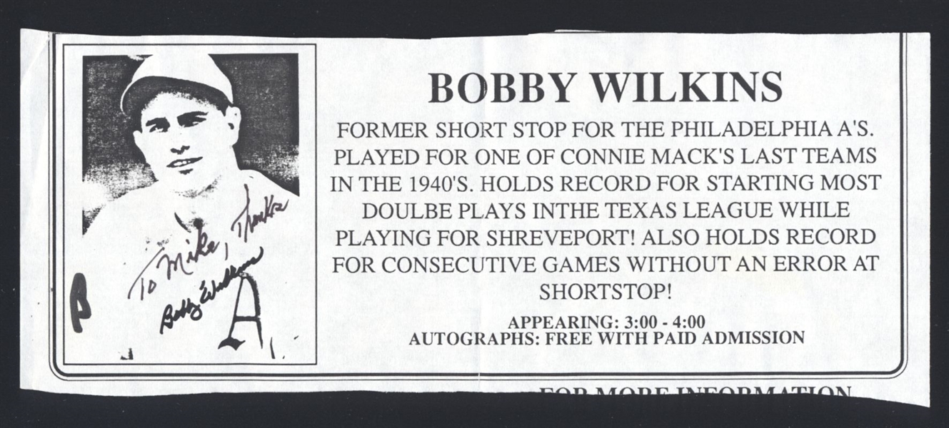 BOBBY WILKINS SIGNED Autograph Ticket (d.2010) Philadelphia Athletics