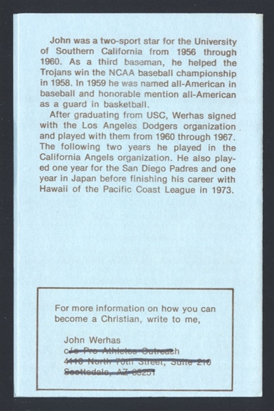 JOHN WERHAS SIGNED Religious Tract Los Angeles Dodgers Angels