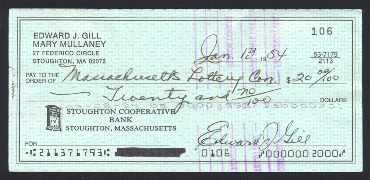ED GILL SIGNED Personal Check (d.1995) 1919 Washington Senators