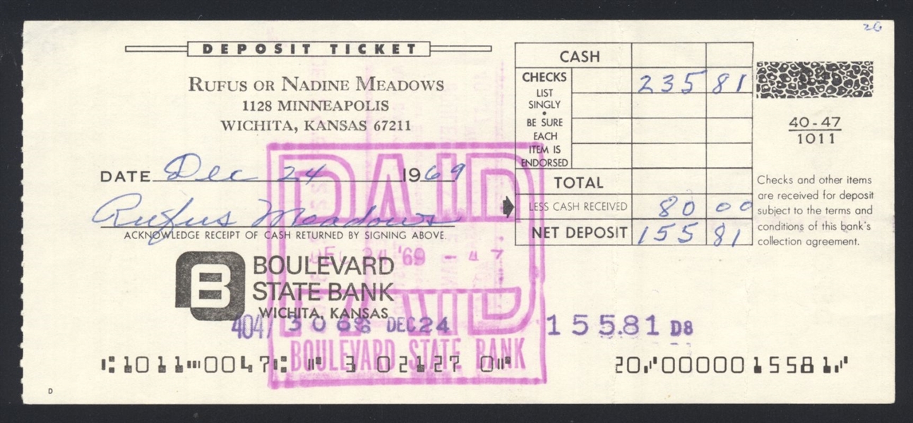 RUFUS MEADOWS SIGNED Deposit Slip (d.1970) 1926 Cincinnati Reds