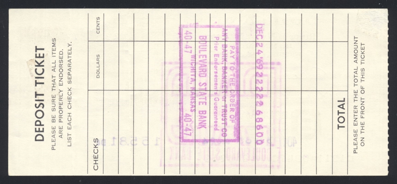 RUFUS MEADOWS SIGNED Deposit Slip (d.1970) 1926 Cincinnati Reds