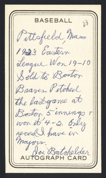JOE BATCHELDER SIGNED Autograph Card (d.1989) 1923 Boston Braves