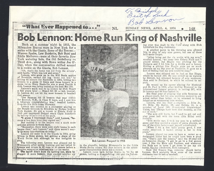 BOB LENNON SIGNED Newspaper Article (d.2005) New York Giants Cubs