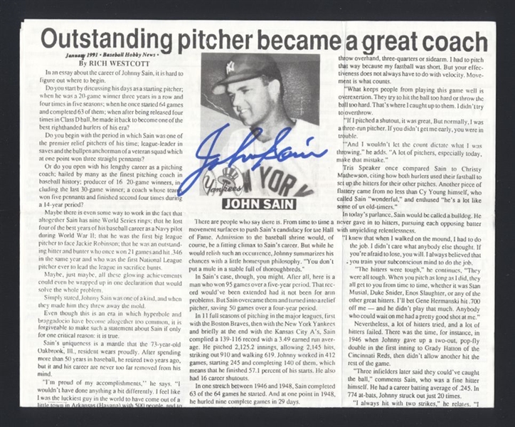 JOHNNY SAIN SIGNED Newspaper Article (d.2006) New York Yankees