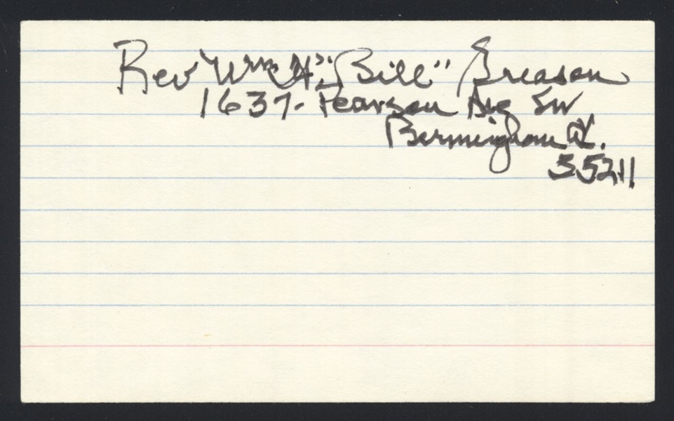 BILL GREASON SIGNED 3x5 Index Card Black Barons St. Louis Cardinals