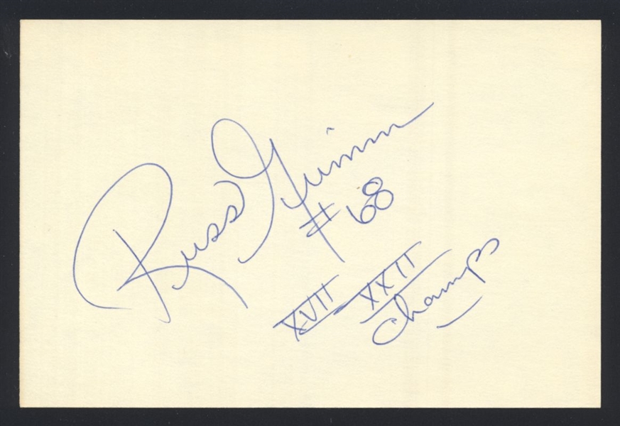 RUSS GRIMM SIGNED Index Card HOF 1982 1987 1991 Washington Redskins