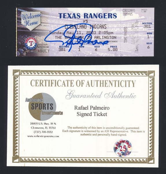 RAFAEL PALMEIRO 5/11/03 500th Homerun Full Ticket SIGNED + COA Rangers Autograph