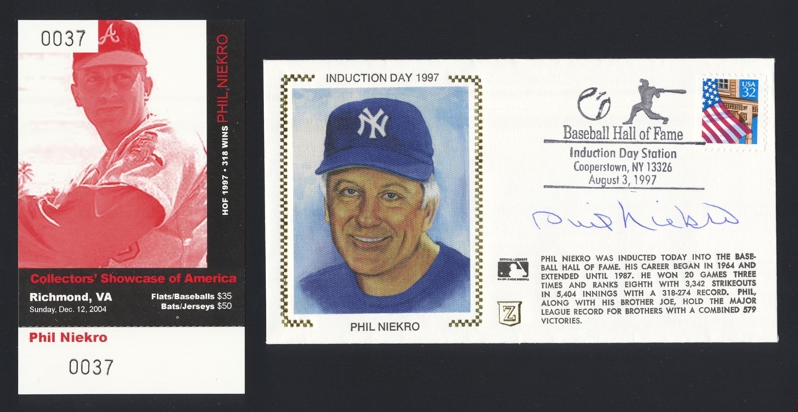 PHIL NIEKRO SIGNED HOF 1997 Induction Day Cachet + Auto Ticket (d.2020) Yankees