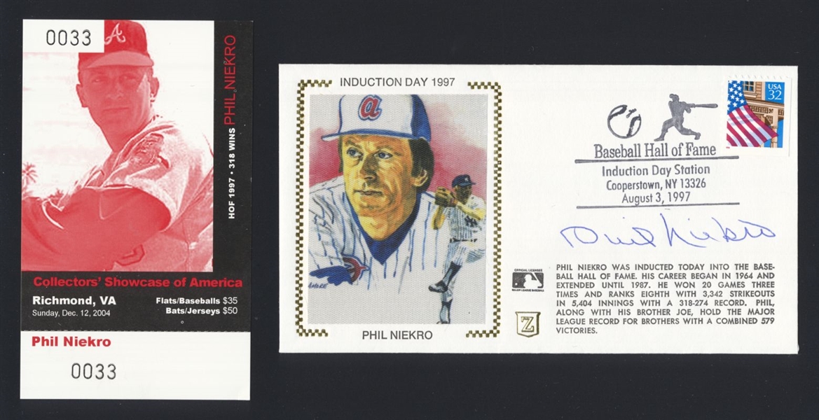 PHIL NIEKRO SIGNED HOF 1997 Induction Day Cachet + Auto Ticket (d.2020) Braves