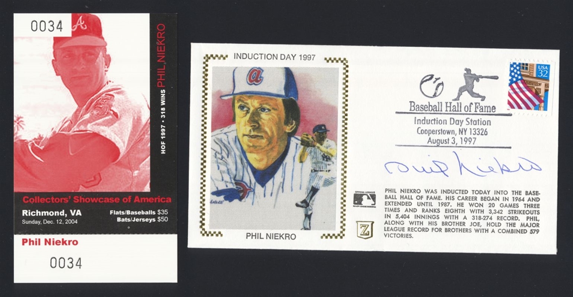 PHIL NIEKRO SIGNED HOF 1997 Induction Day Cachet + Auto Ticket (d.2020) Braves