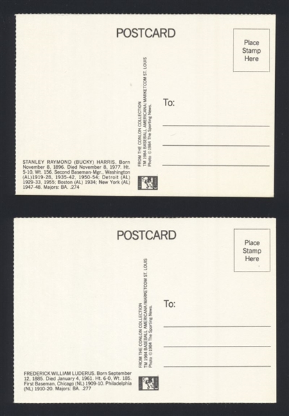 Lot of (2) BUCKY HARRIS & FRED LUDERUS 1984 Conlon Collection Photo Postcard 