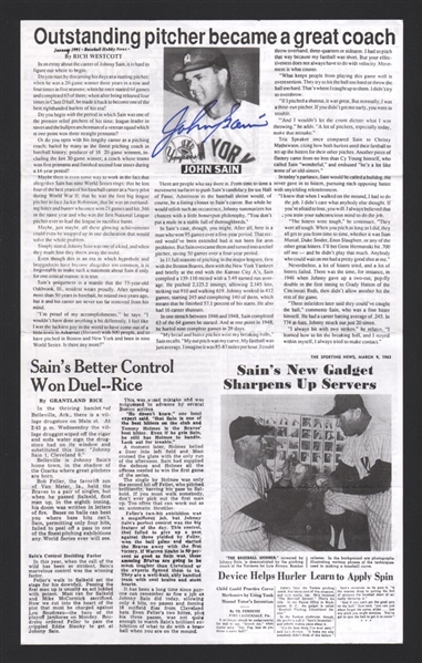 JOHNNY SAIN SIGNED Newspaper Article (d.2006) 1948 Braves 1951 1952 1953 Yankees