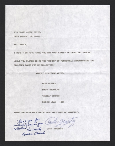 BUBBA CHURCH SIGNED Note Handwritten Letter (d.2001) Phillies Reds Cubs