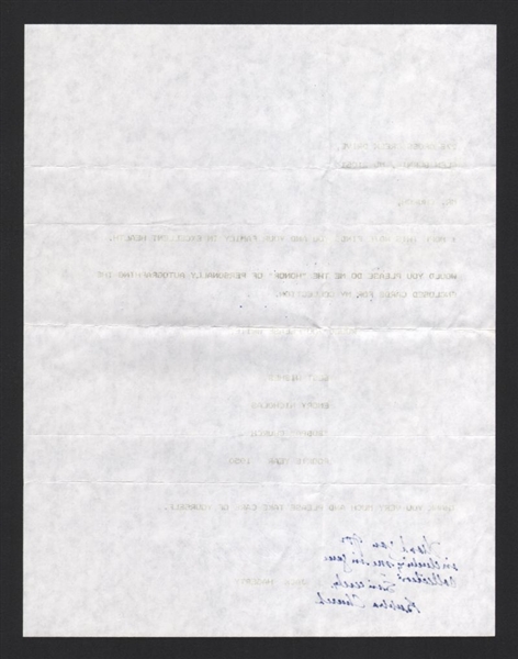 BUBBA CHURCH SIGNED Note Handwritten Letter (d.2001) Phillies Reds Cubs