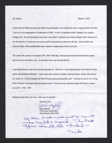 DUKE SNIDER SIGNED Note Handwritten Letter (d.2011) HOF 1955 1959 Dodgers