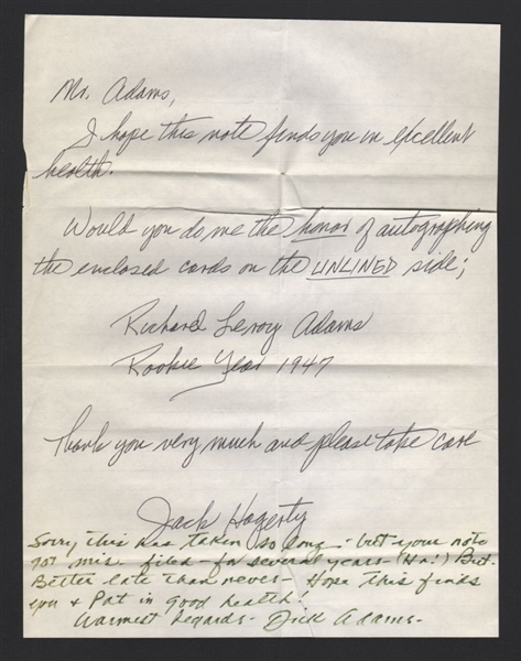 DICK ADAMS SIGNED Note Handwritten Letter (d.2016)