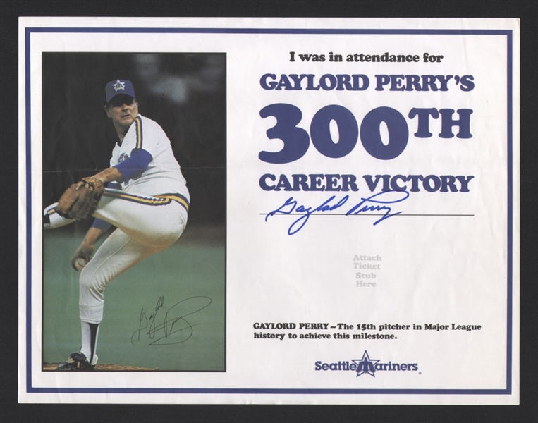 GAYLORD PERRY SIGNED 300th Career Victory May 6, 1982 Certificate HOF Mariners