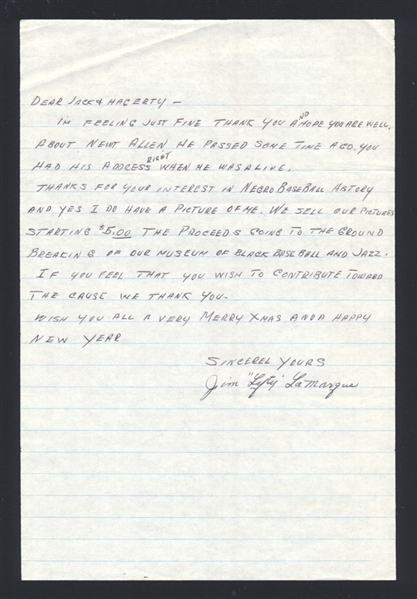 JIM LAMARQUE SIGNED Handwritten Letter (d.2000) Negro Leagues KC Monarchs Lefty
