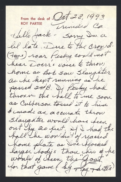 ROY PARTEE SIGNED Handwritten Letter (d.2000) 1946 Boston Red Sox