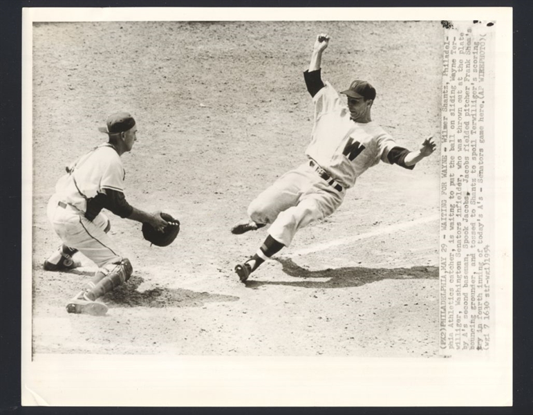 1954 Senators WAYNE TERWILLIGER Sliding v Athletics BILLY SHANTZ Vint Wire Photo
