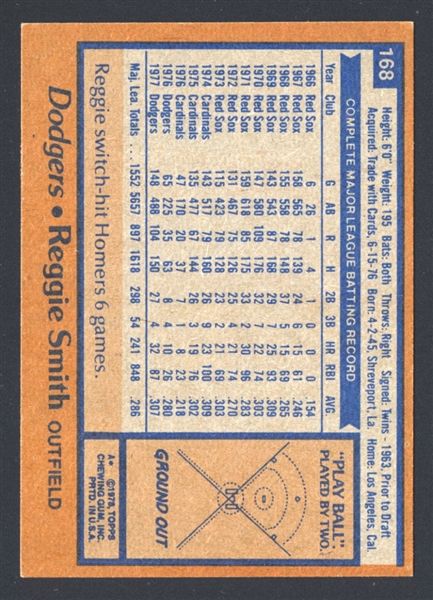 1978 Topps #168 REGGIE SMITH Card SIGNED AUTOGRAPHEDLos Angeles Dodgers