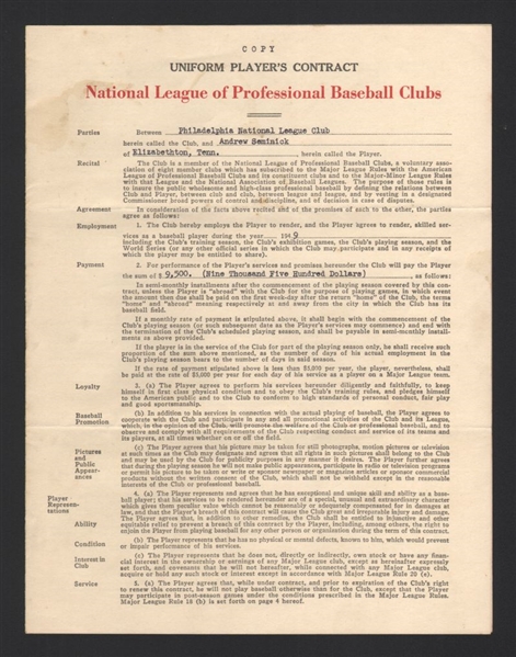 1949 ANDY SEMINICK Uniform Player's Contract Philadelphia Phillies SIGNED