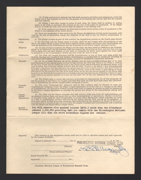 1949 ANDY SEMINICK Uniform Player's Contract Philadelphia Phillies SIGNED